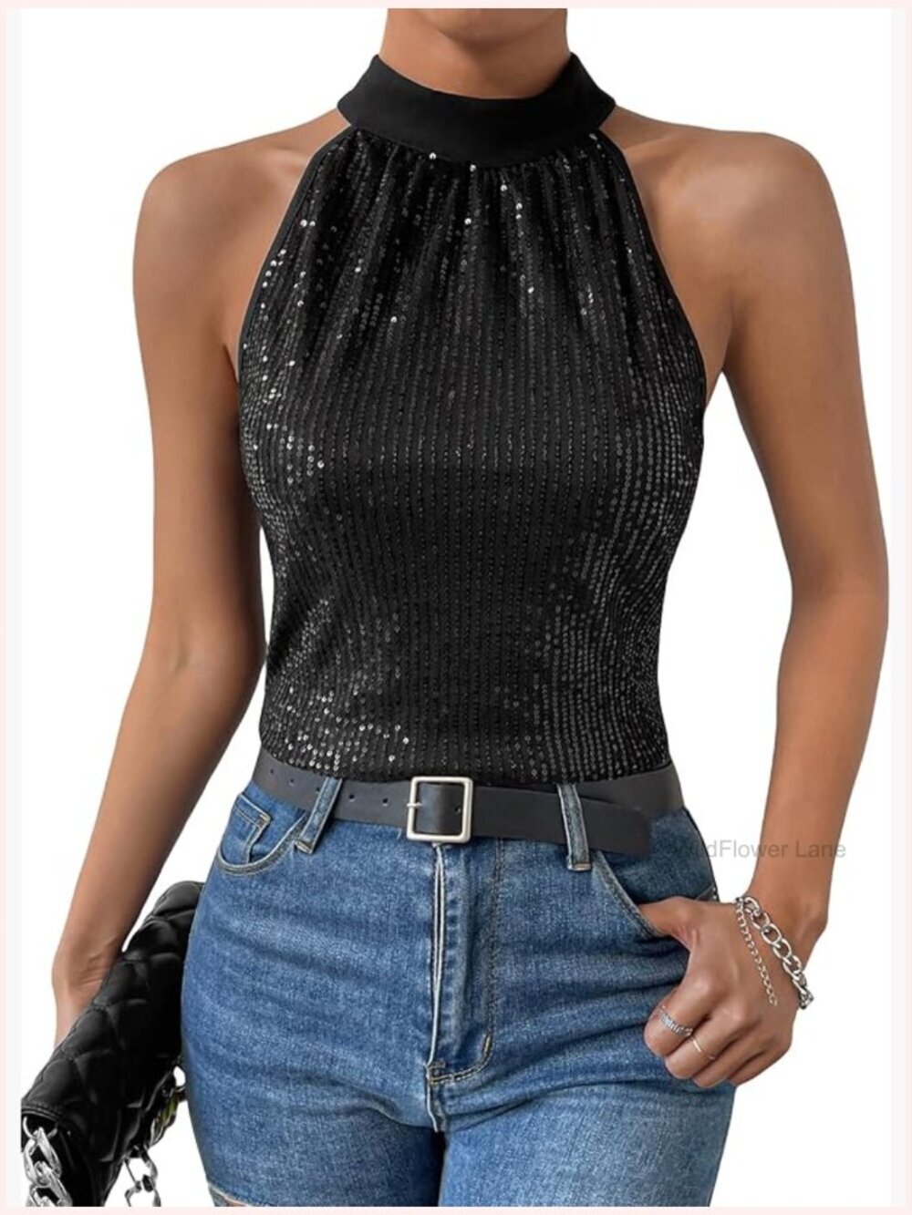 Sequin Sleeveless Halter Tie Back Blouse Party Top